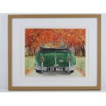 Print; study of the rear of a vintage Jaguar XK Drophead in autumnal setting,