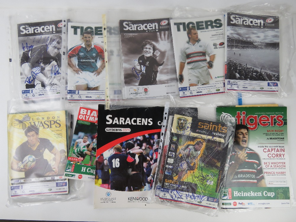 A large quantity of assorted Rugby programmes, many signed, inc Saracens, Tigers, Wasps, etc etc.