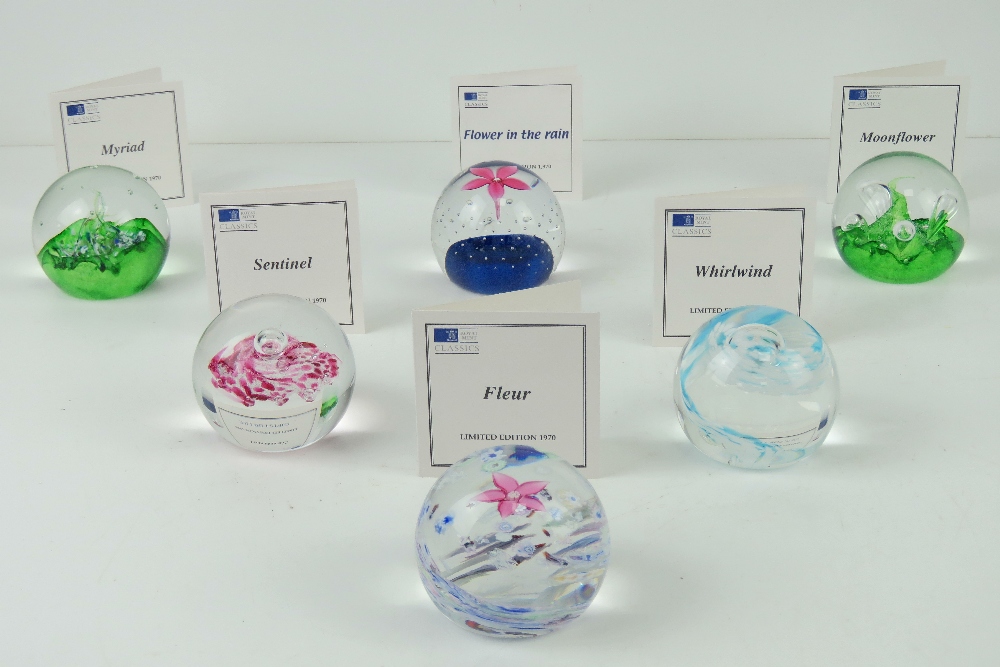 A set of six Royal Mint Classics limited edition Caithness glass paperweights,