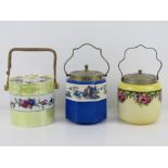 Three transfer printed wafer / biscuit barrels, each with nickel plated lids and handles c1950s.