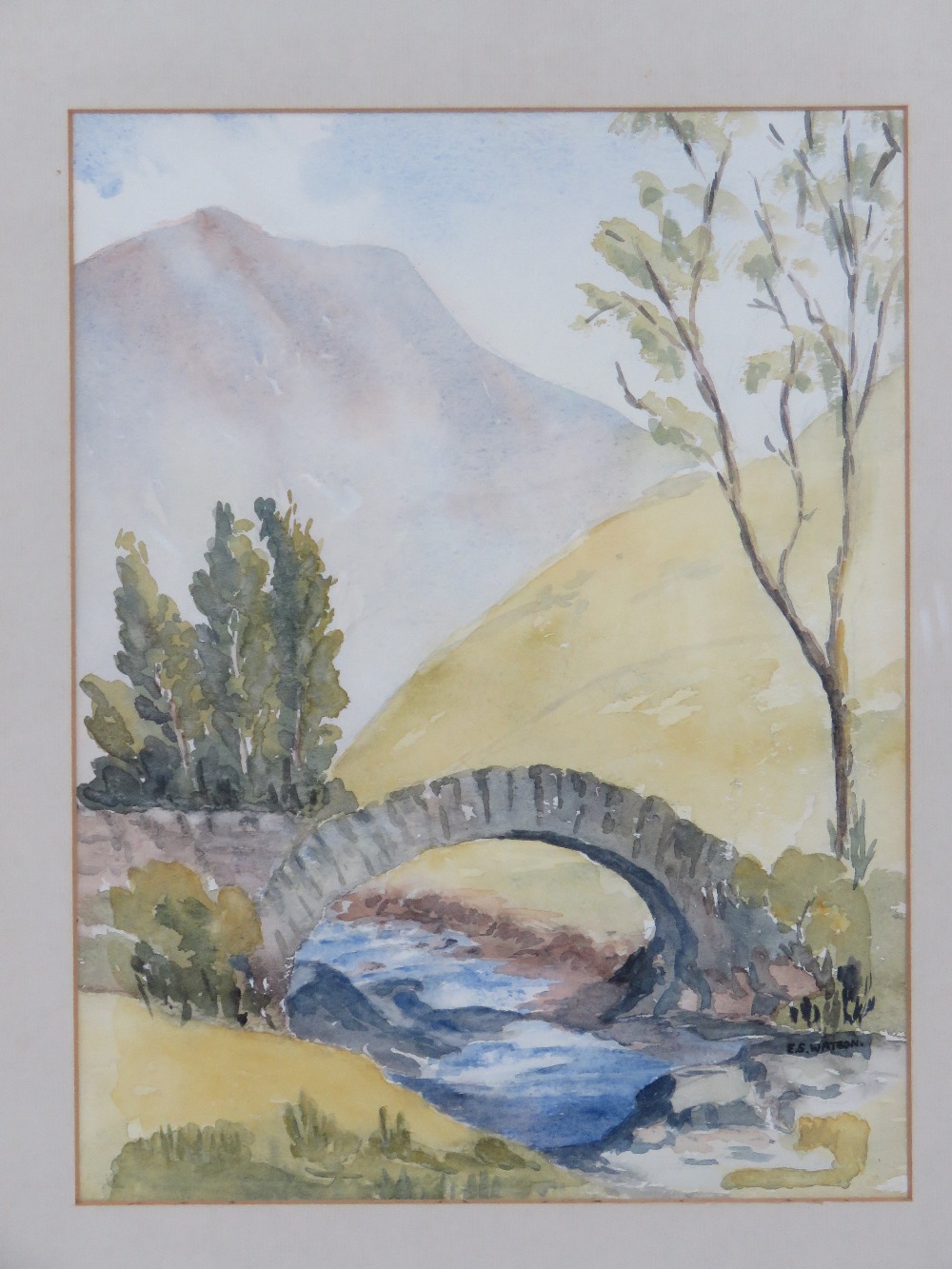 Watercolour by Eve Watson 'Pack horse bridge', signed lower right, 31.5 x 24cm, framed and glazed. - Image 2 of 4