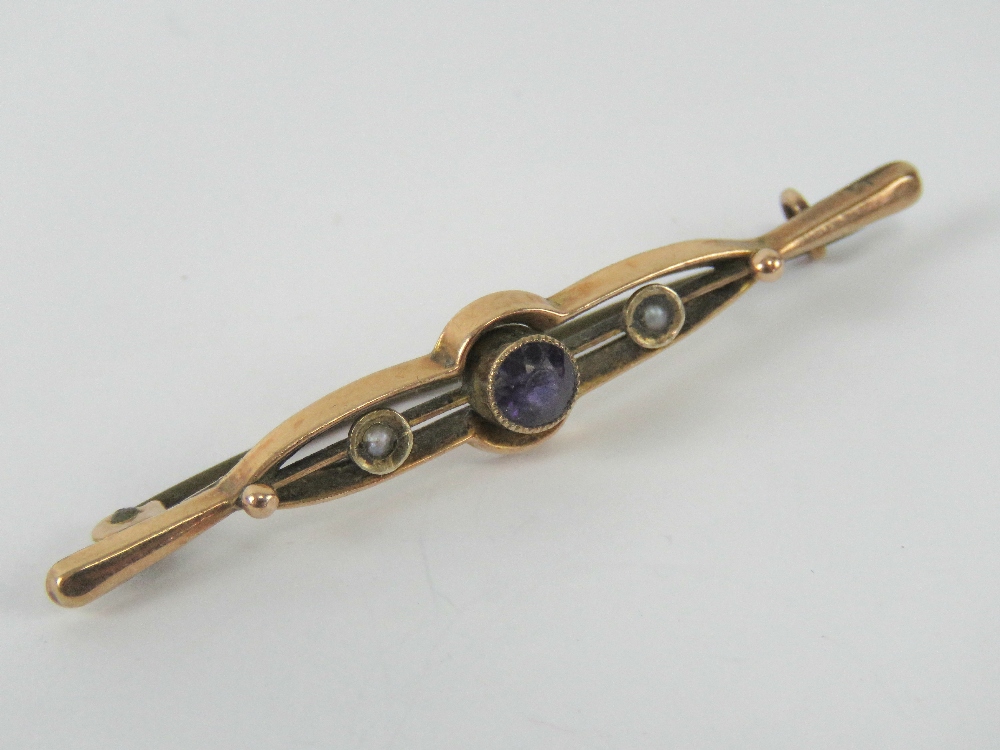 A 9ct gold amethyst and seed pearl bar b