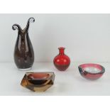 Four assorted art glass vases and bowls