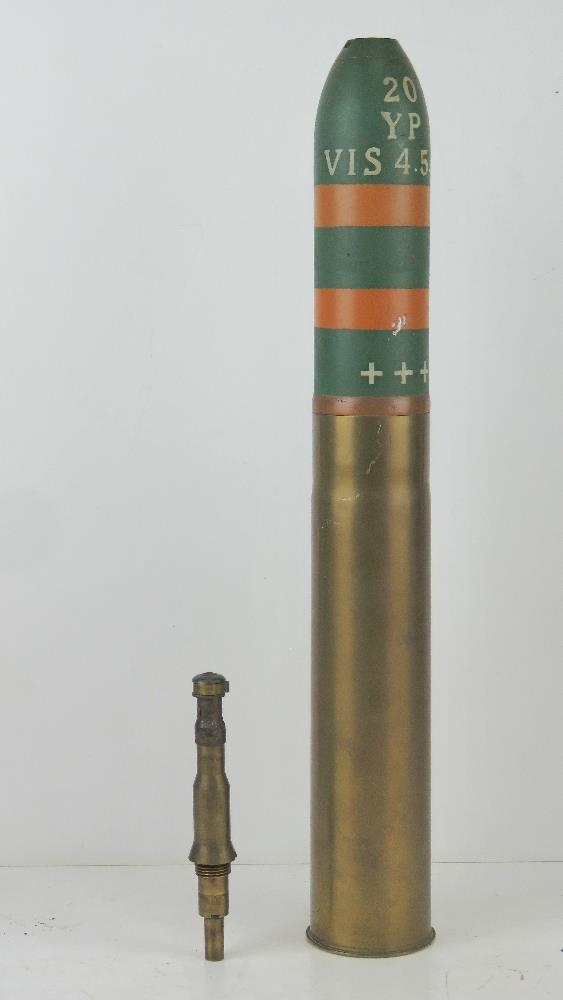An inert WWI French 75x 370mm gas shell, with a HE long fuse, original paint and dated 1918. - Image 2 of 3