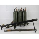 A deactivated LPO-50 flame thrower having moving parts with connector hose and tanks.