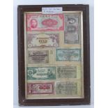 A framed montage of cWWII bank notes inc Chinese, Belgian, Japanese, German etc,