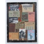 A montage of assorted WWII items inc rations books, YHA handbook, German banknote,