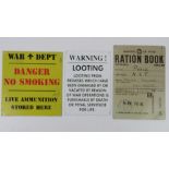 Three contemporary metal signs 'Ration book' (21 x 15cm),