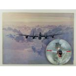 Print mounted on board; Lancaster bomber in flight by Coulson 76 x 54cm.