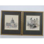 A pair of coloured prints of London being St Paul's Cathedral and Tower of London, each 22 x 21cm,