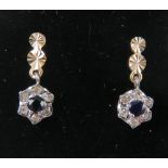 A pair of 9ct gold sapphire and diamond floral cluster earrings with butterfly backs,