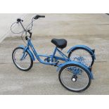 An Aurai Trikes low step frame adult three wheeled bicycle with wire rack behind seat,