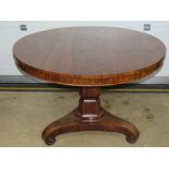 A Victorian circular rosewood breakfast or loo table raised over a hexagonal column upon triform