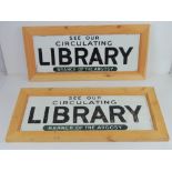 A pair of pine framed ceramic signs 'See Our Circulating Library Branch of the Argosy',