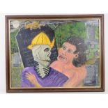 Abstract acrylic by Martino titled 'A Village in Wooing' featuring a woman and skeleton in embrace