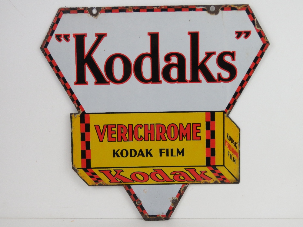 A vintage tin plate enamelled double-sided "Kodak's" sign having Kodak Verichrome Kodak Film '3D'