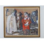 Oil on board entitled 'Remember Joe Grimaldi!' featuring clowns and a robed man by Martin