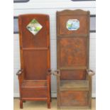 Two c1930s hall stands, each with lift up seat, side umbrella stands, one with original drip tray,