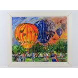 Oil and acrylic by Martino being an abstract hot air balloon scene with crowd below 55 x 45cm,