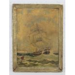 Unknown artist, oil on canvas, maritime painting of a masted sailing ship in stormy waters,