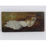 An unusual double sided oil on wooden board having sleeping figure in nightcap and gown with child