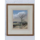 Peter Newcombe, watercolour, view of Bugbrooke possibly from Birds Hill,
