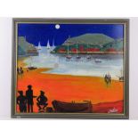 Oil and acrylic by Martino entitled 'Terrors come in Trios' harbour scene in moonlight with