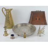 A silver plated fighting cockerel table centre piece together with a silver plated tray,