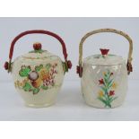 Two ceramic relief pattern wafer / biscuit barrels, each with woven handles,