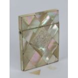 A mother of pearl card case having central diamond shaped panel engraved with birds on flowering