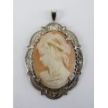 A HM silver pendant having carved shell female cameo portrait upon, 4cm inc bale.