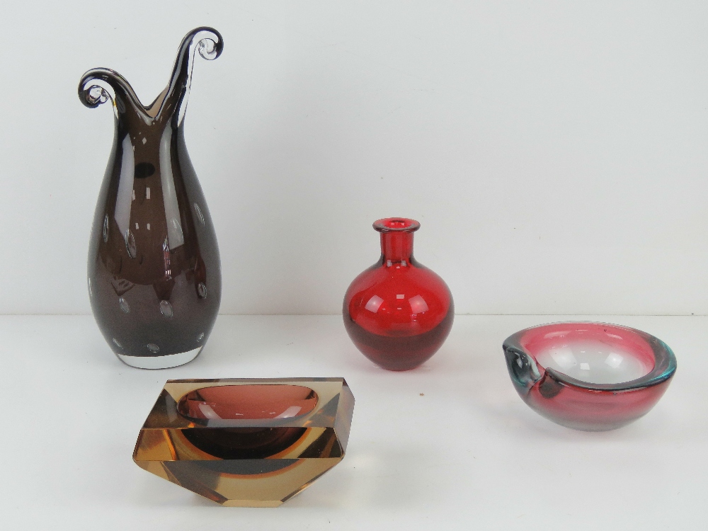 Four assorted art glass vases and bowls including an Italian made vase bearing label for Franco