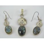 A suite of labradorite jewellery comprising pendant and earrings, stamped 925, handmade, pendant 5.