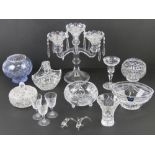 A quantity of glassware including Stuart Crystal bowl, candelabra, sherry glasses, etc.