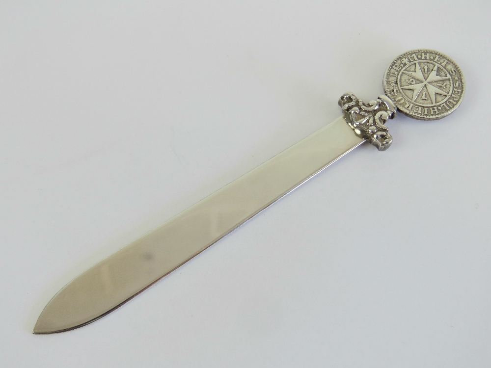 A silver Maltese Cross letter opener or page marker, the blade bearing 925 hallmark,