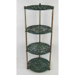 A green painted metal kitchen four tier pot stand 73cm high.