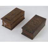 Two lidded oak boxes, one having P carved to the lid, each 22cm in length.