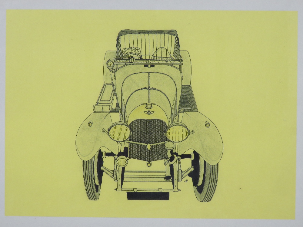 A pair of pen and ink drawings of vintage motor cars, one being a Bentley, each 42 x 30cm, framed - Image 3 of 4