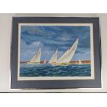 Signed artist proof print, sailing boats with cliff line and sky beyond, signed in pencil lower