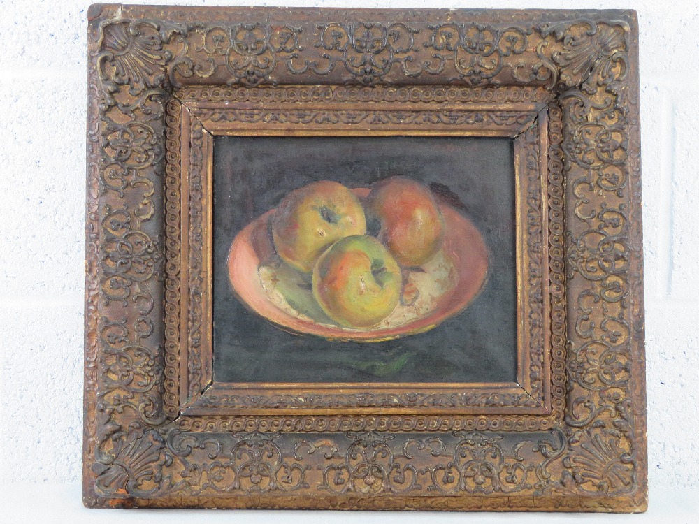 GHB (George) Holland (1901-1987), oil on canvas, still life study of three apples within a saucer