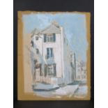 Pastel and watercolour on board, a naive study of a three story house in shades of blue, signed