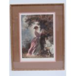 A framed print from a painting in the Wallace Collection depicting a Georgian lady carving her