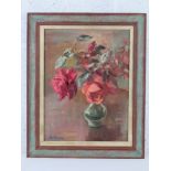 GHB (George) Holland (1901-1987), oil on board, still life study of roses within a glass baluster