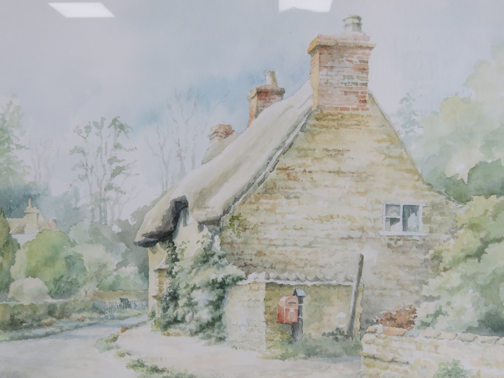 Watercolour; 'The Old Post Office, Lyndon, Rutland', country lane with thatched cottage, trees and - Image 4 of 4