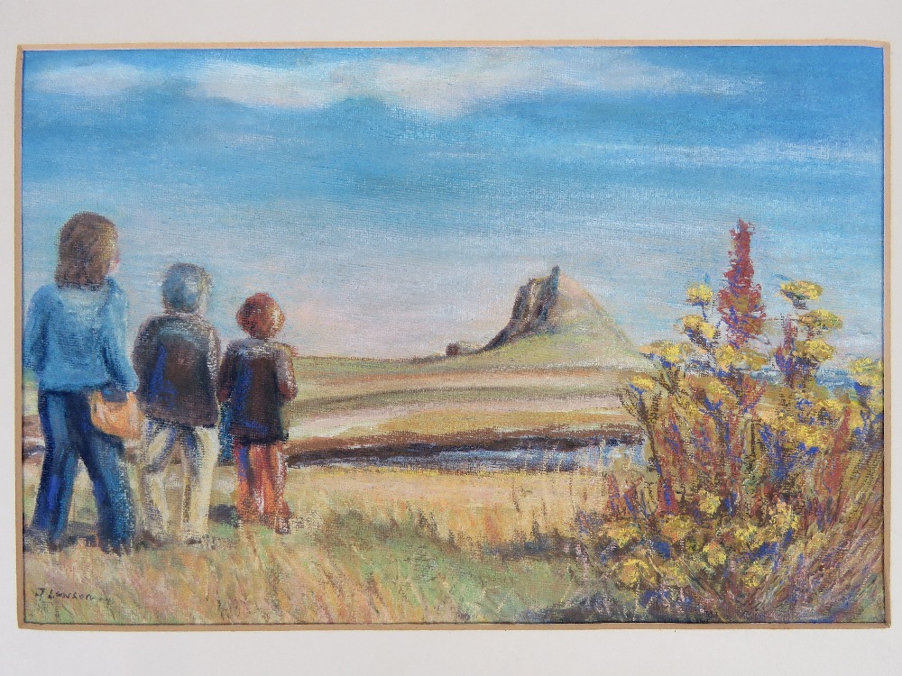 Pastel by J Lawson; three figures with landscape and sky beyond, 35 x 23cm, with mount, unframed. - Image 3 of 4