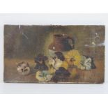 Oil on canvas; pansies before a stoneware jug, signed lower right A. Drew, a/f, 35.5 x 20.5cm.