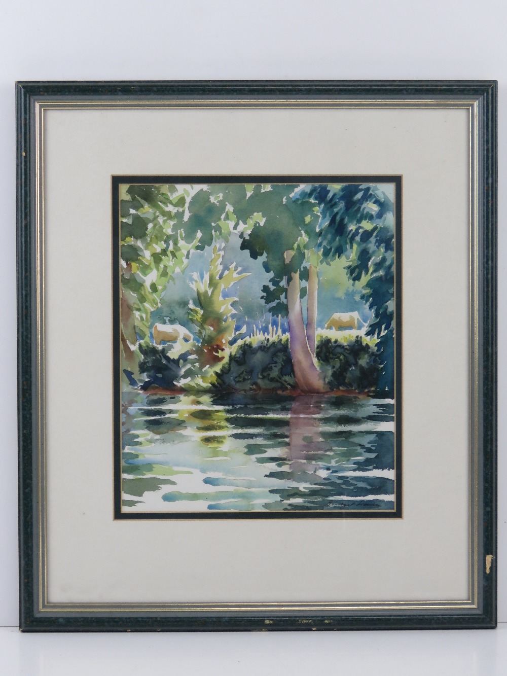 Bridget Woods, watercolour 'Jonquil' river with trees and cattle beyond, 25 x 21cm, framed and