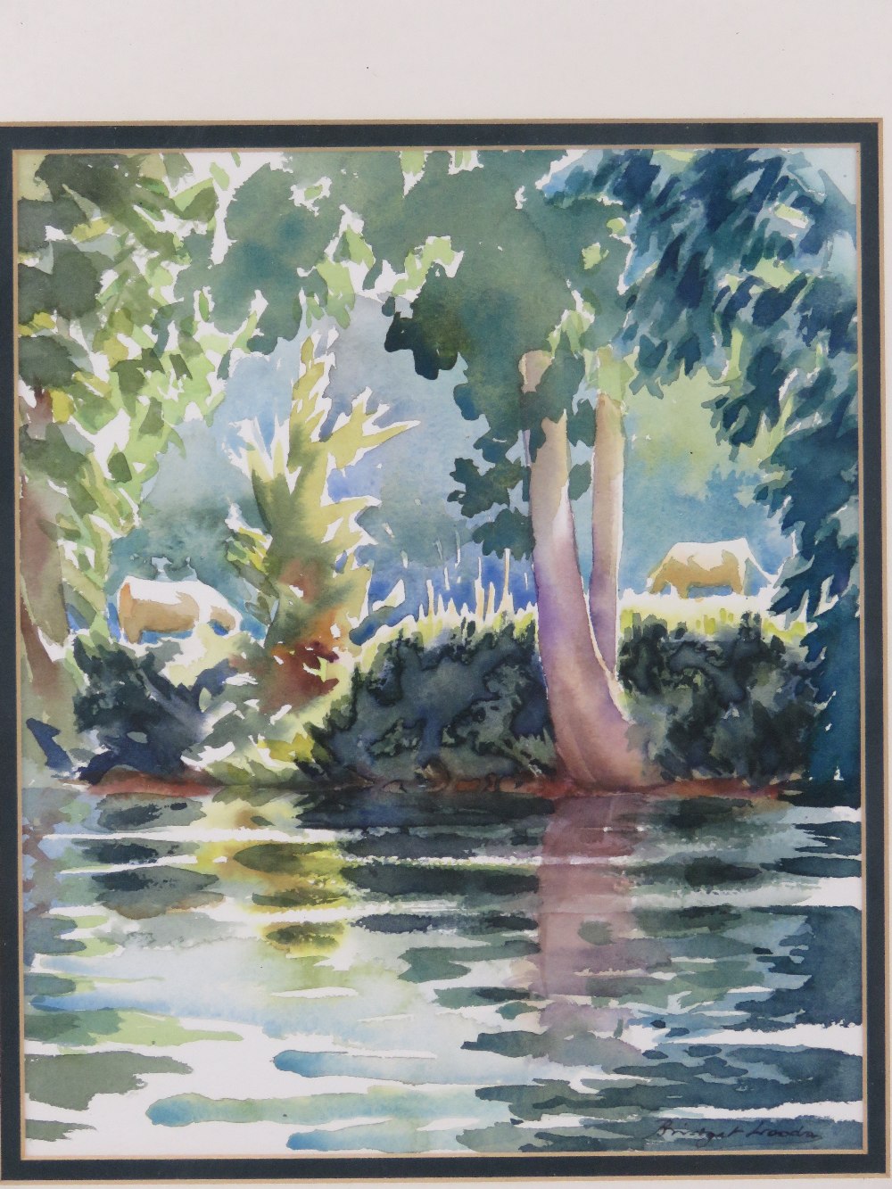 Bridget Woods, watercolour 'Jonquil' river with trees and cattle beyond, 25 x 21cm, framed and - Image 2 of 4