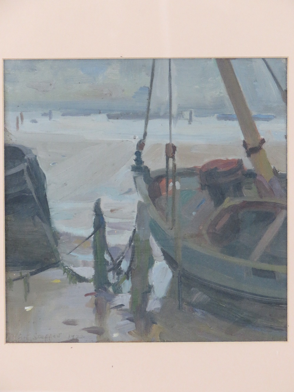 Albert Stafford, oil on canvas under glass, signed and dated 1922, a beached boat at low tide, - Image 2 of 4