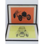 A pair of pen and ink drawings of vintage motor cars, one being a Bentley, each 42 x 30cm, framed